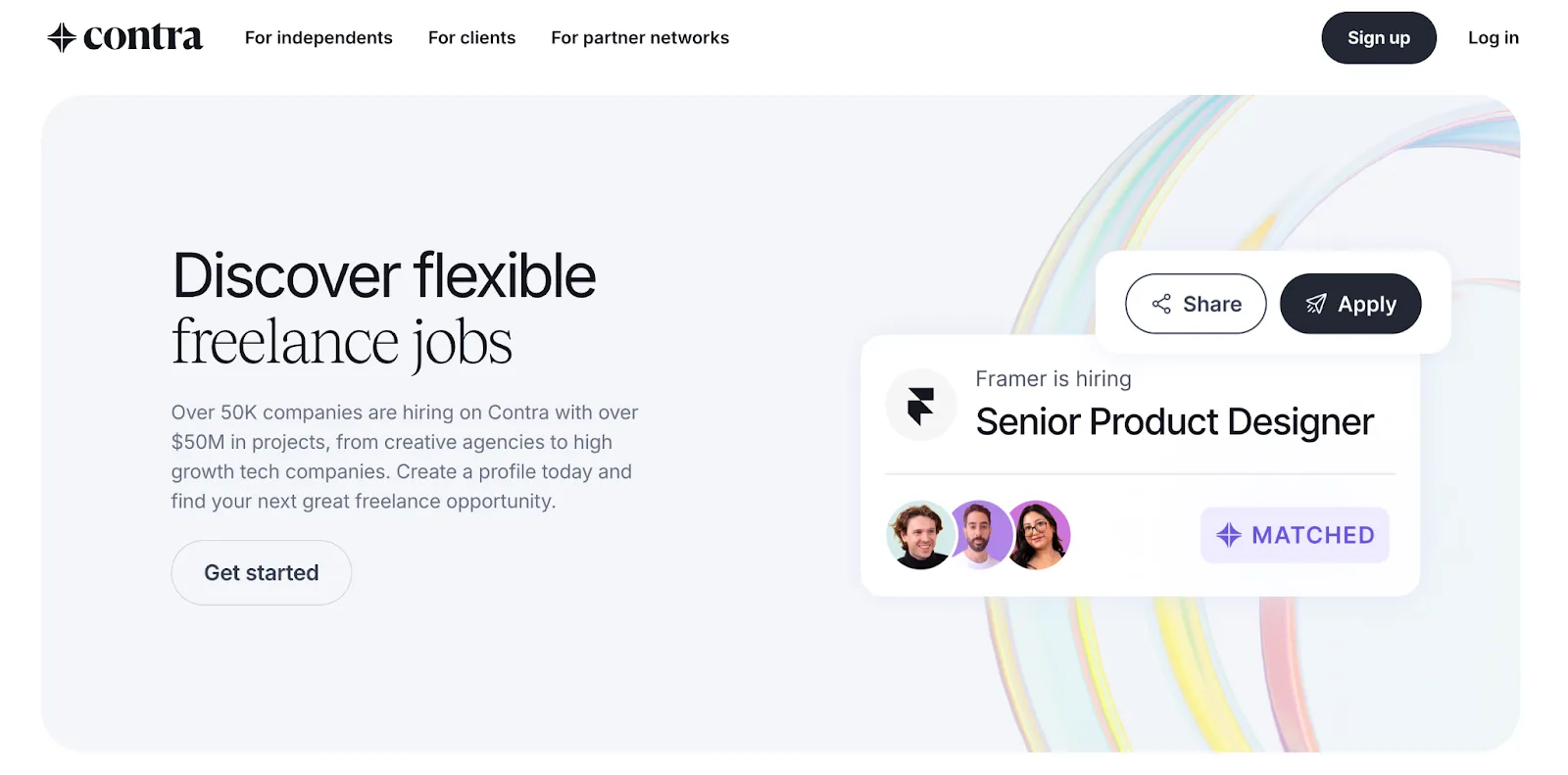 Screenshot of the Contra homepage showing flexible freelance jobs