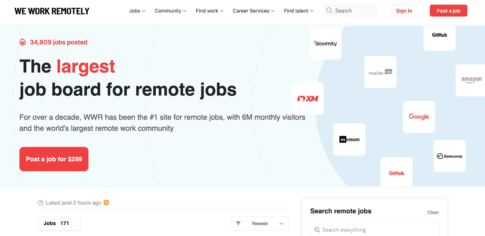 Screenshot of the We Work Remotely job board homepage