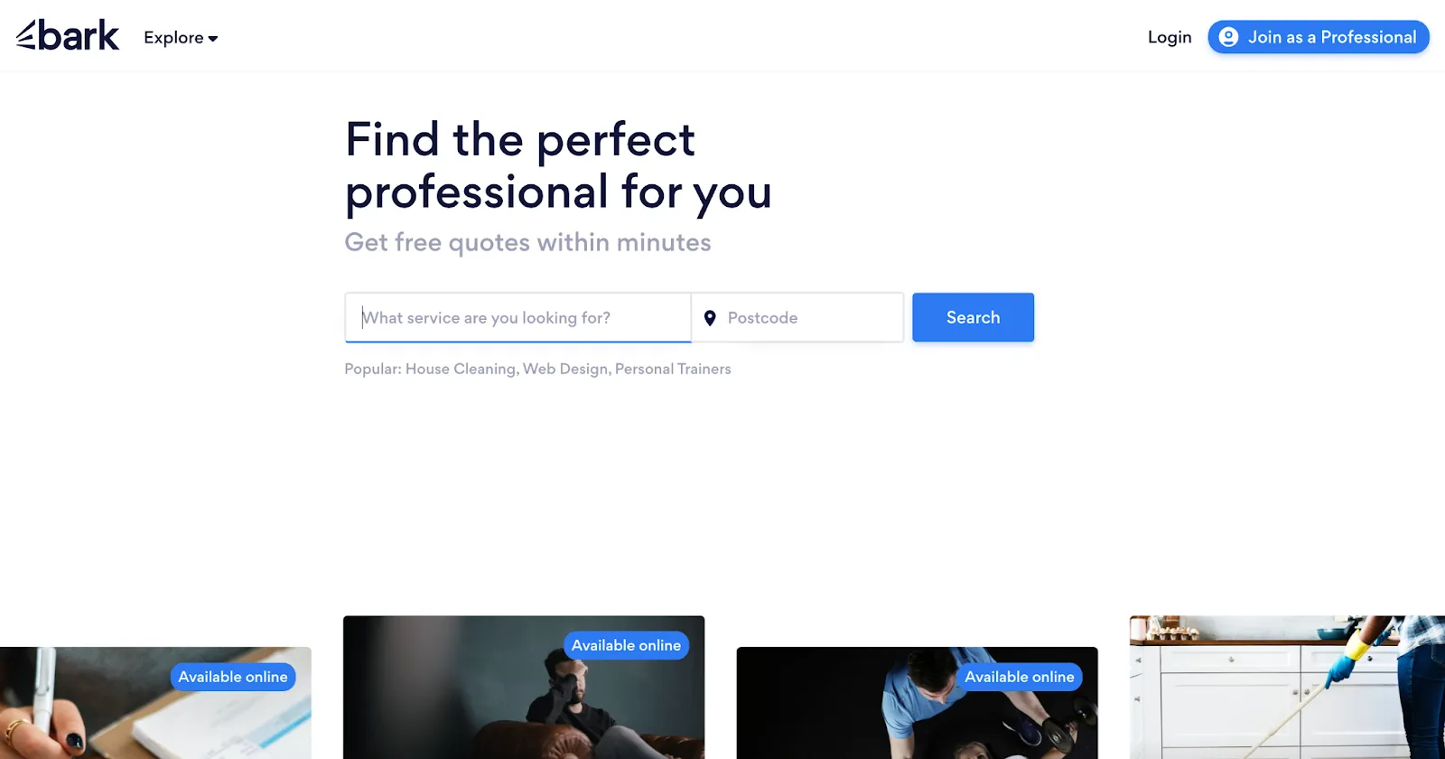 Screenshot of the Bark homepage for finding professionals
