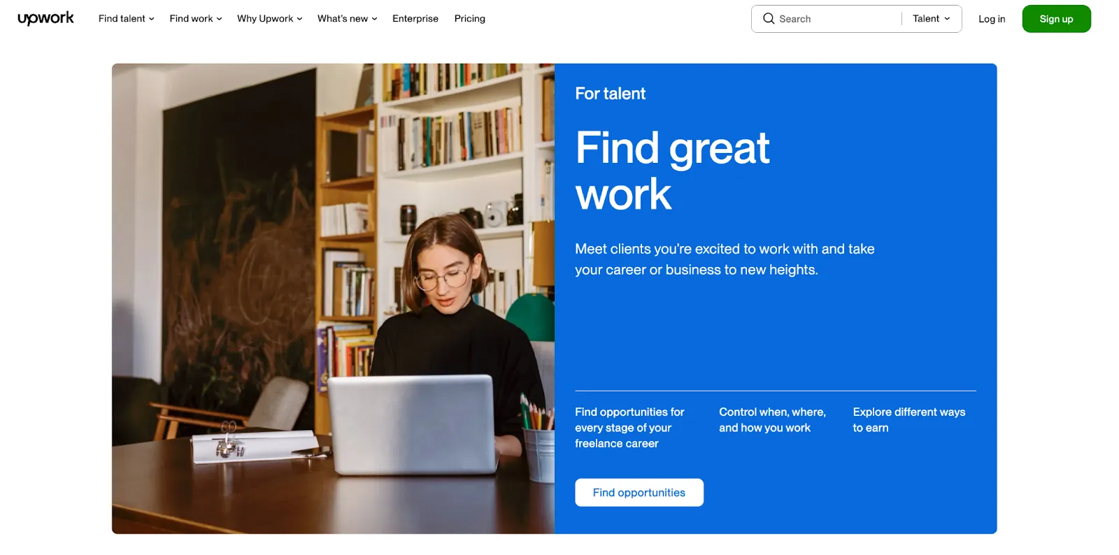 Screenshot of the Upwork homepage with the message Find great work