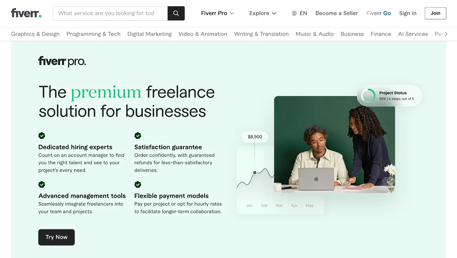 Screenshot of the Fiverr Pro homepage for businesses