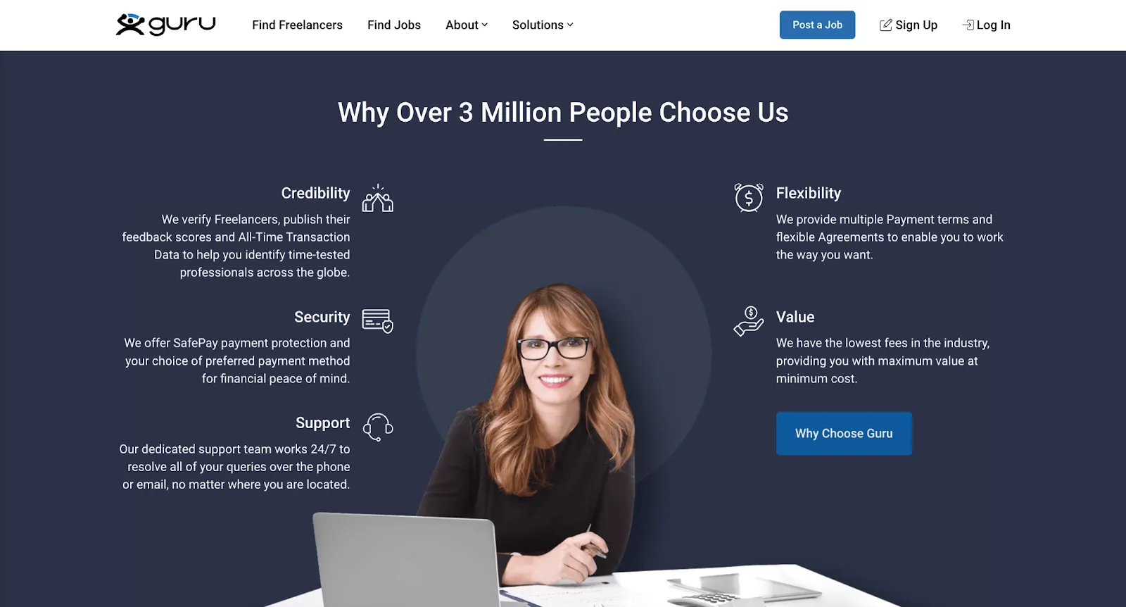 Screenshot of the Guru freelance platform homepage