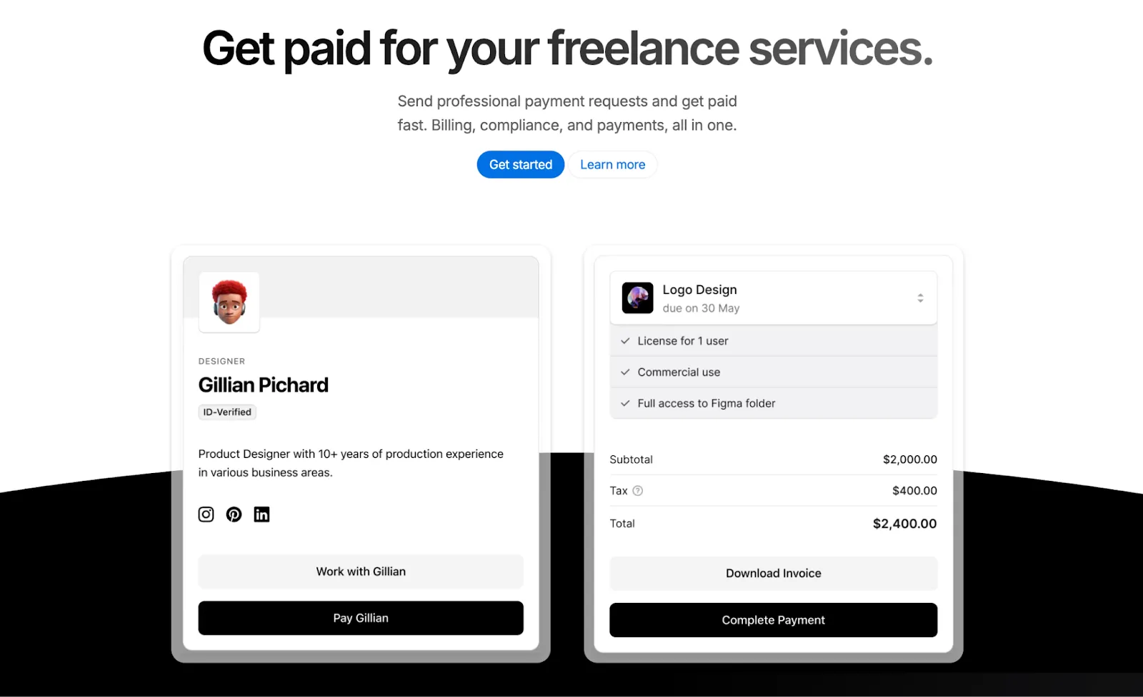 Screenshot of a freelance payment platform showing an invoice and payment request