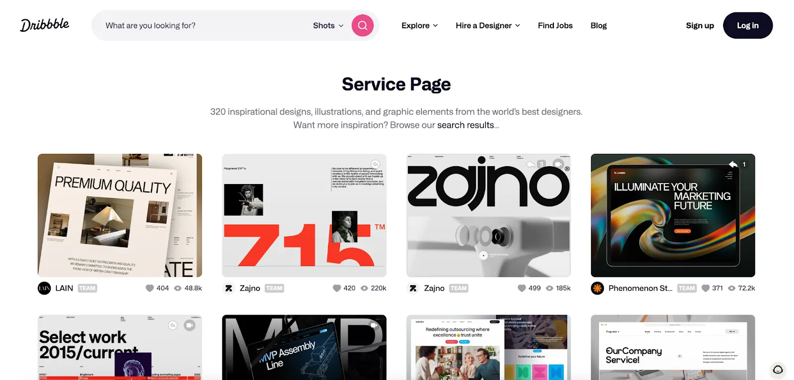 Screenshot of a Dribbble service page showing designers' work