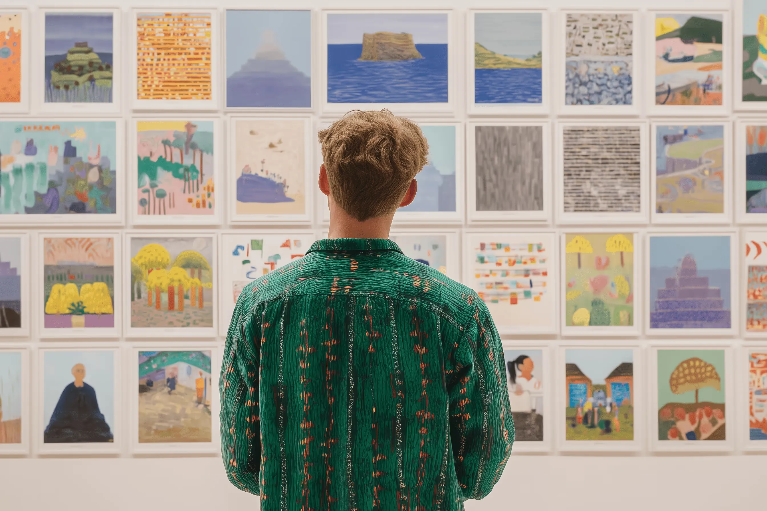 A person viewing a wall of framed artwork prints