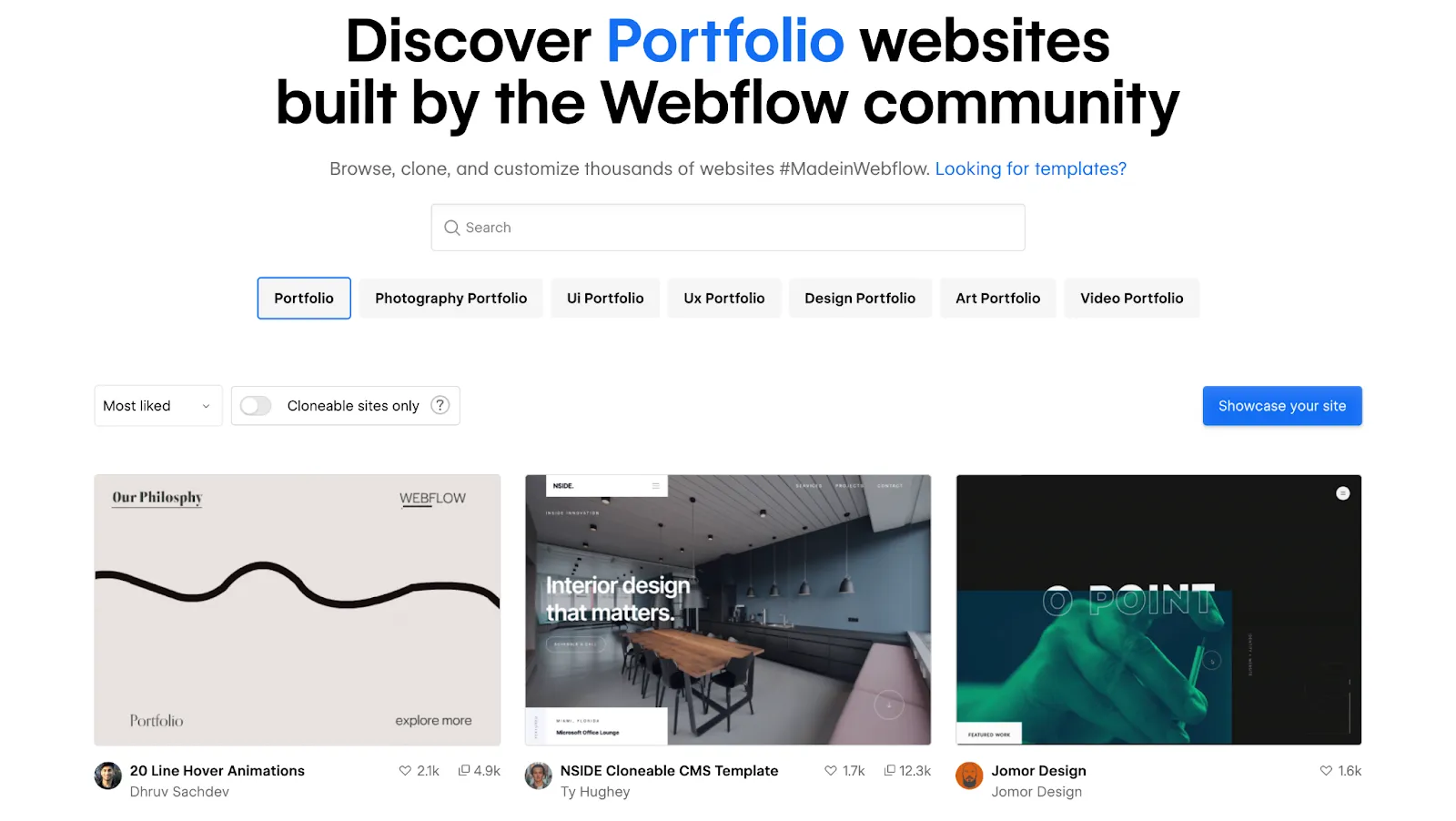 Screenshot of the Webflow portfolio templates showcase