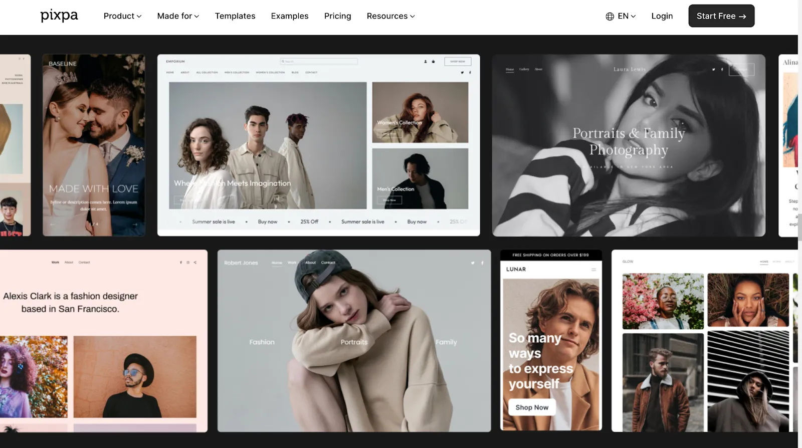 Screenshot of the Pixpa portfolio platform homepage