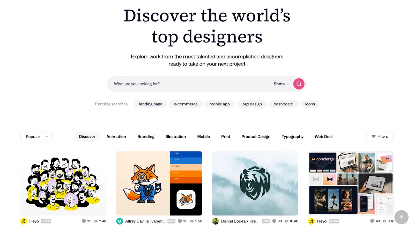Screenshot of the Dribbble homepage for discovering top designers