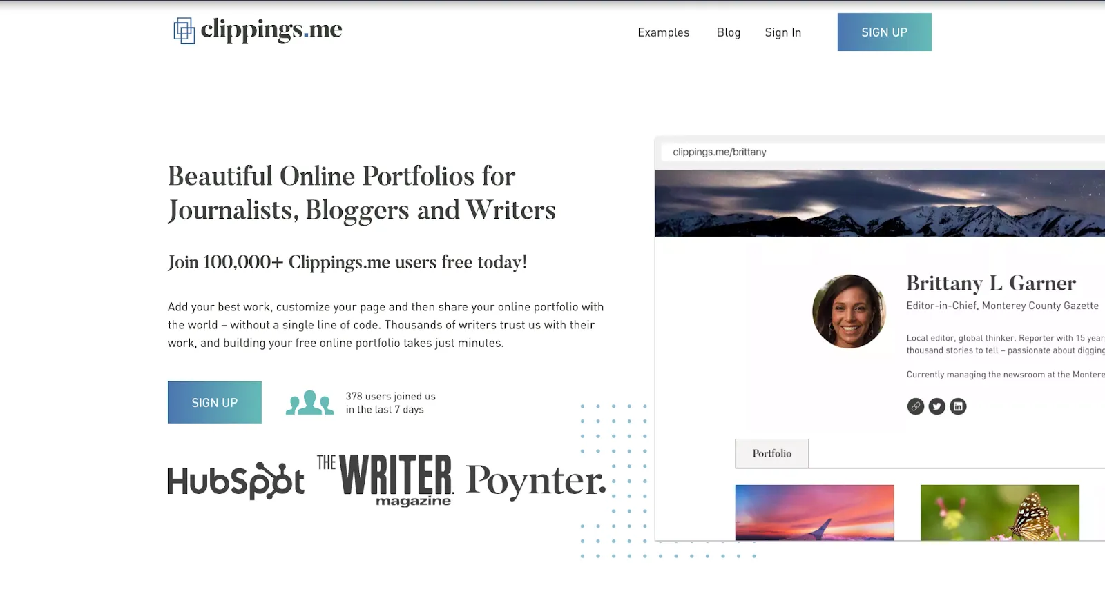 Screenshot of the Clippings.me homepage for journalist and writer portfolios