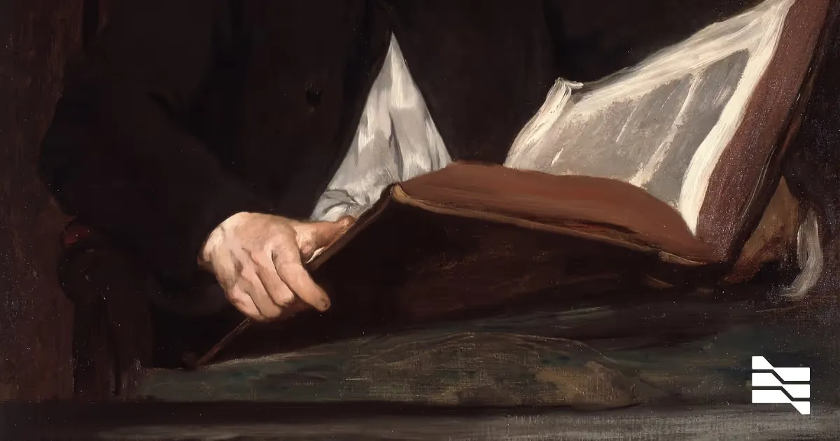 A classical painting of hands holding an open ledger book