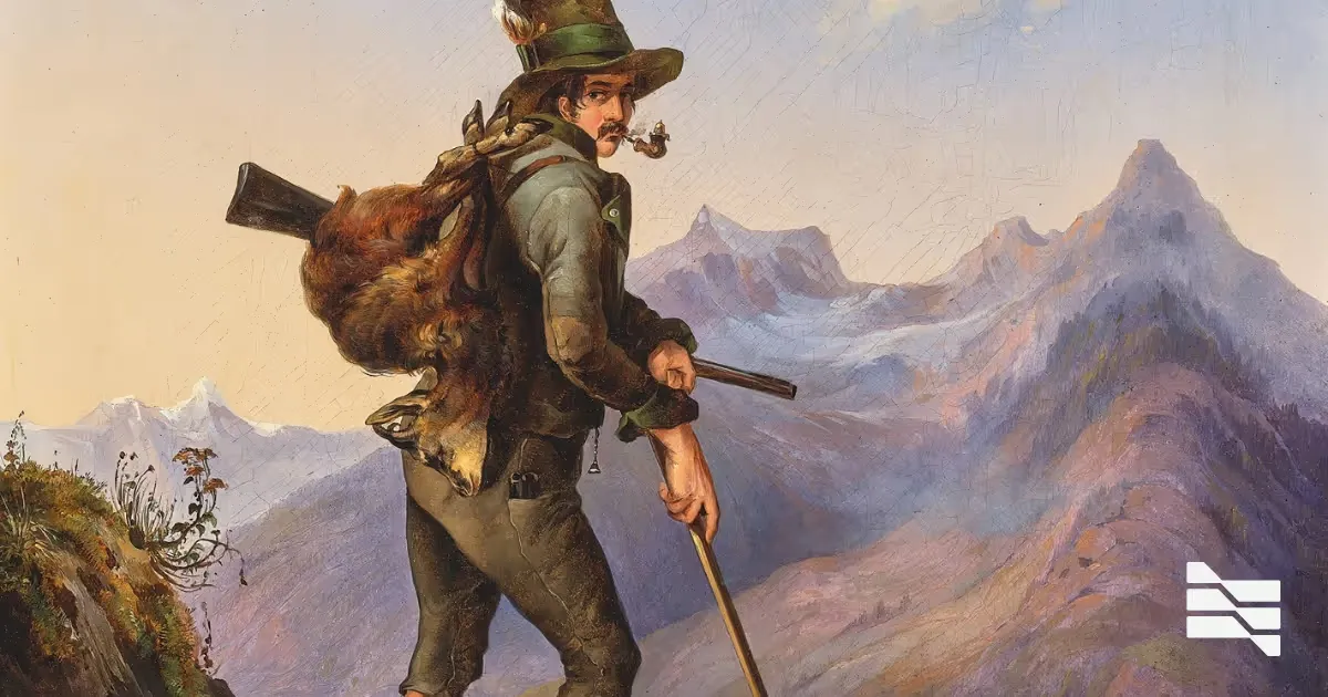 A classical painting of a hiker in the mountains