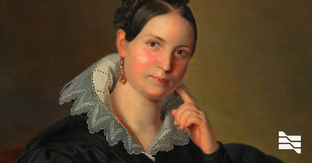 A classical painted portrait of a woman with a ruffled collar