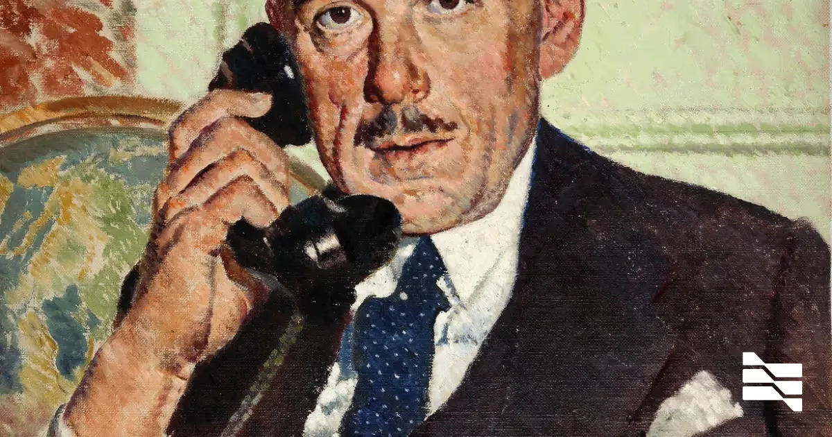 A vintage illustration of a man talking on an old telephone