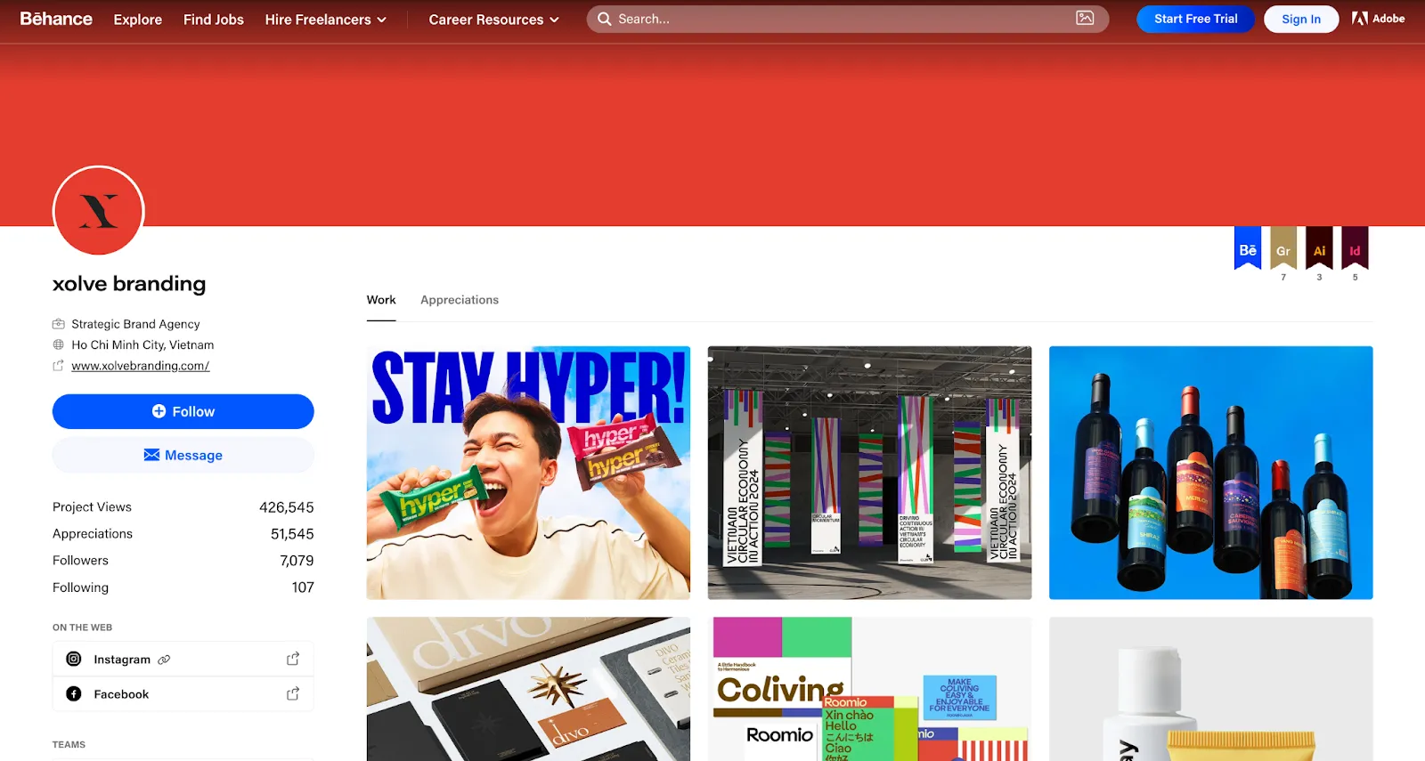 Screenshot of a designer's Behance profile with branding work