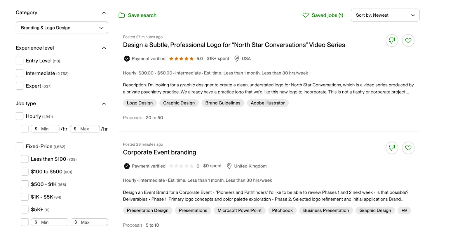 Screenshot of an Upwork project posting