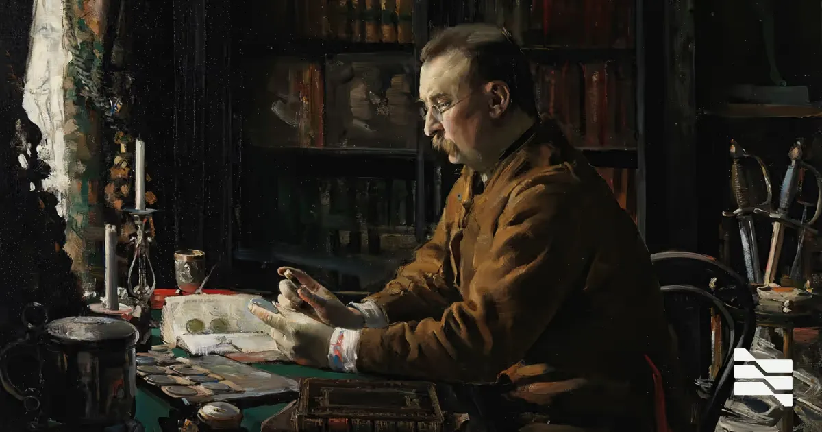 A man writing at a desk in a dimly lit study