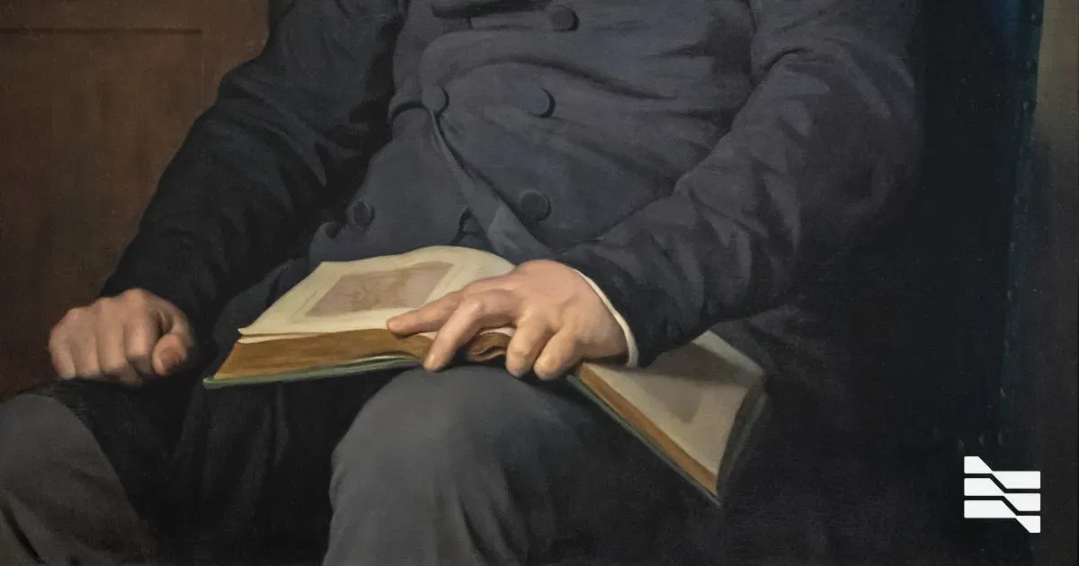 A detailed classic painting depicts a man in a dark suit perusing a book, symbolizing in-depth research into the EU's DAC7 tax directive.