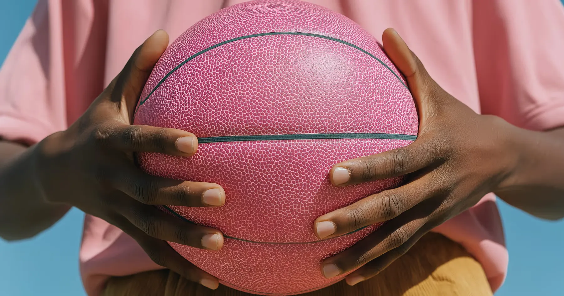 Two hands holding a pink basketball