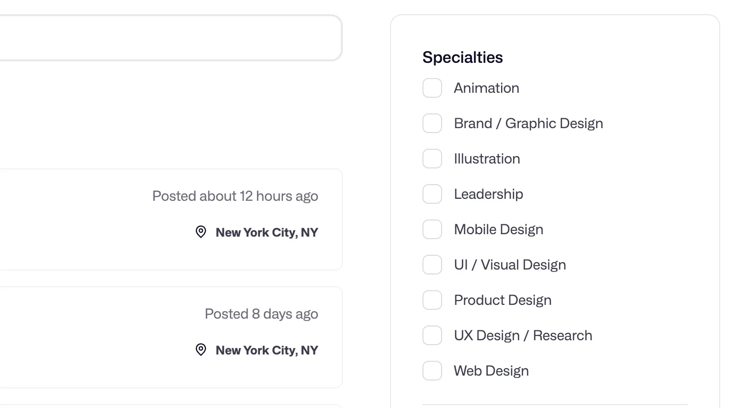 Screenshot of Dribbble job specialty filters