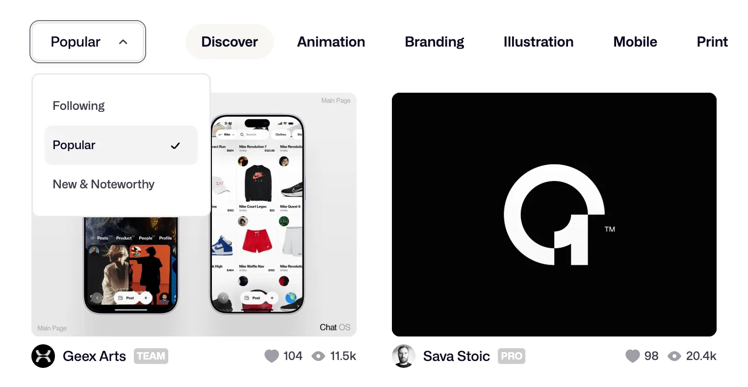 Screenshot of the Dribbble explore feed with category filters