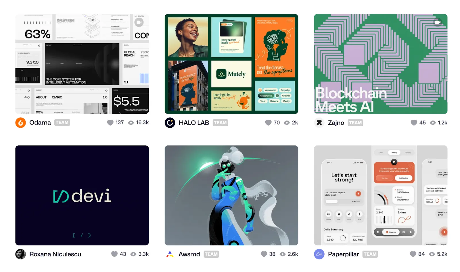 Screenshot of a grid of Dribbble design shots