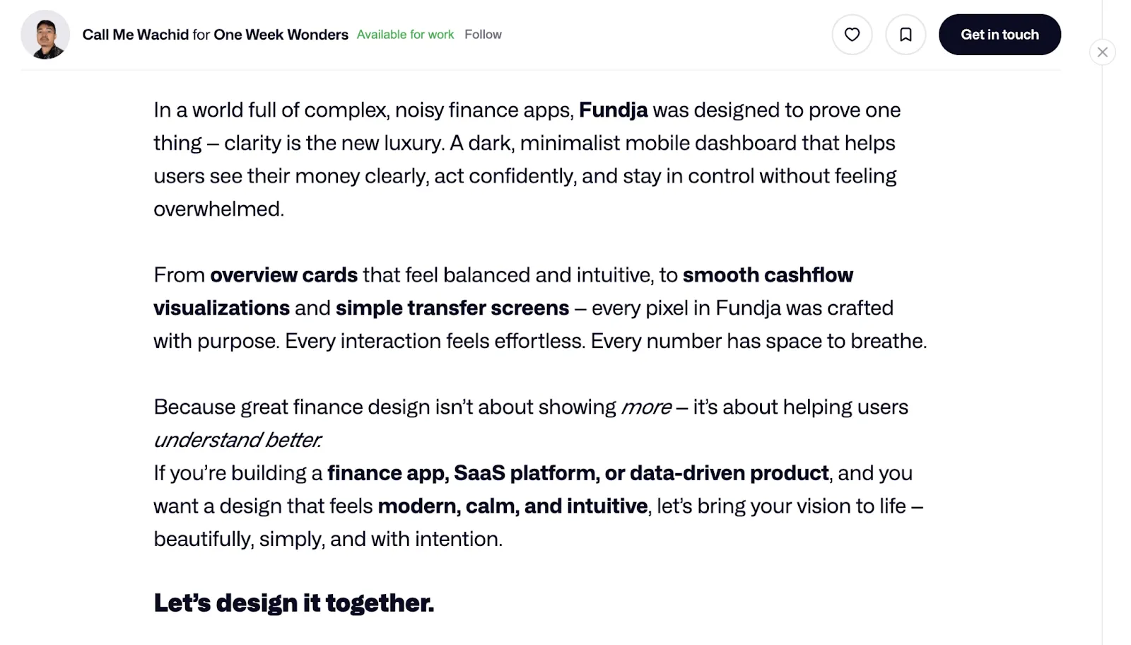 Screenshot of a Dribbble shot description for a finance app design