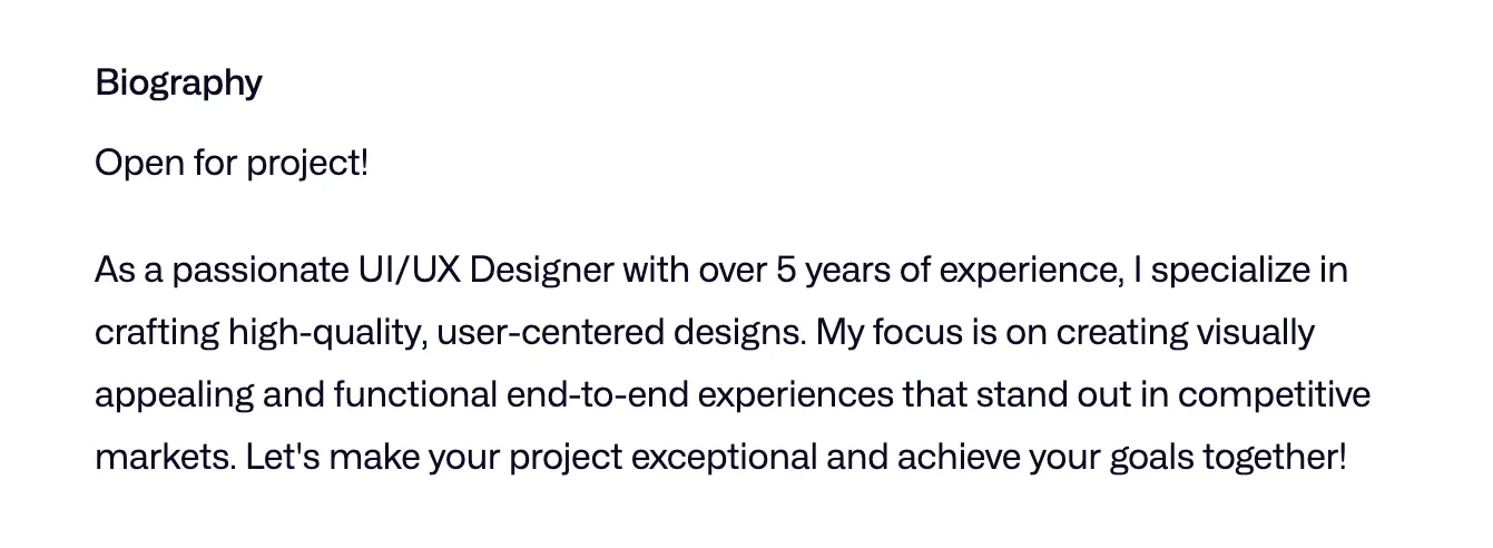 Screenshot of a designer's biography section on Dribbble