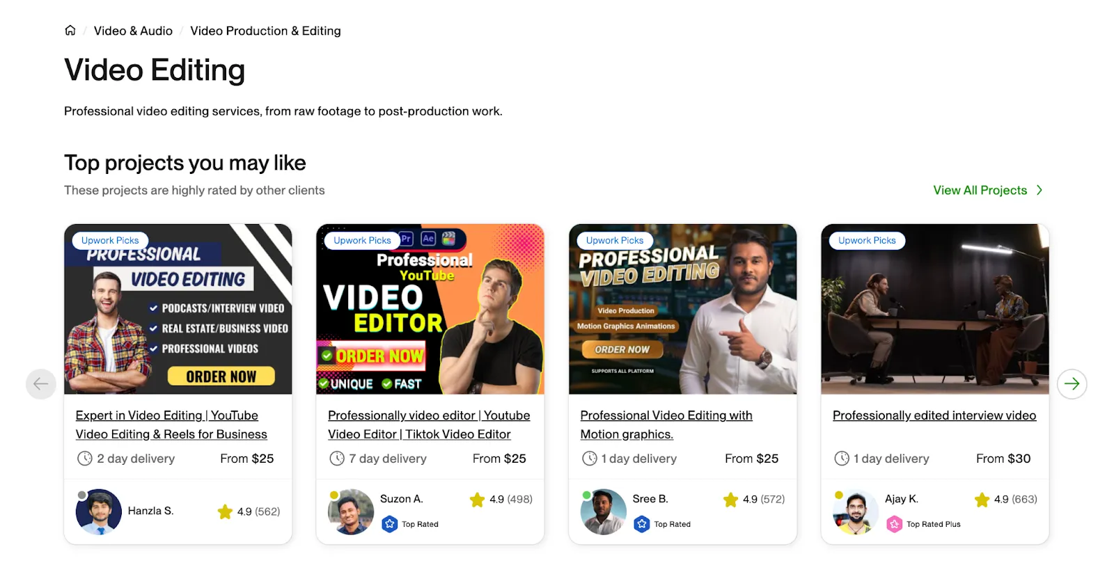 Screenshot of video editing service listings