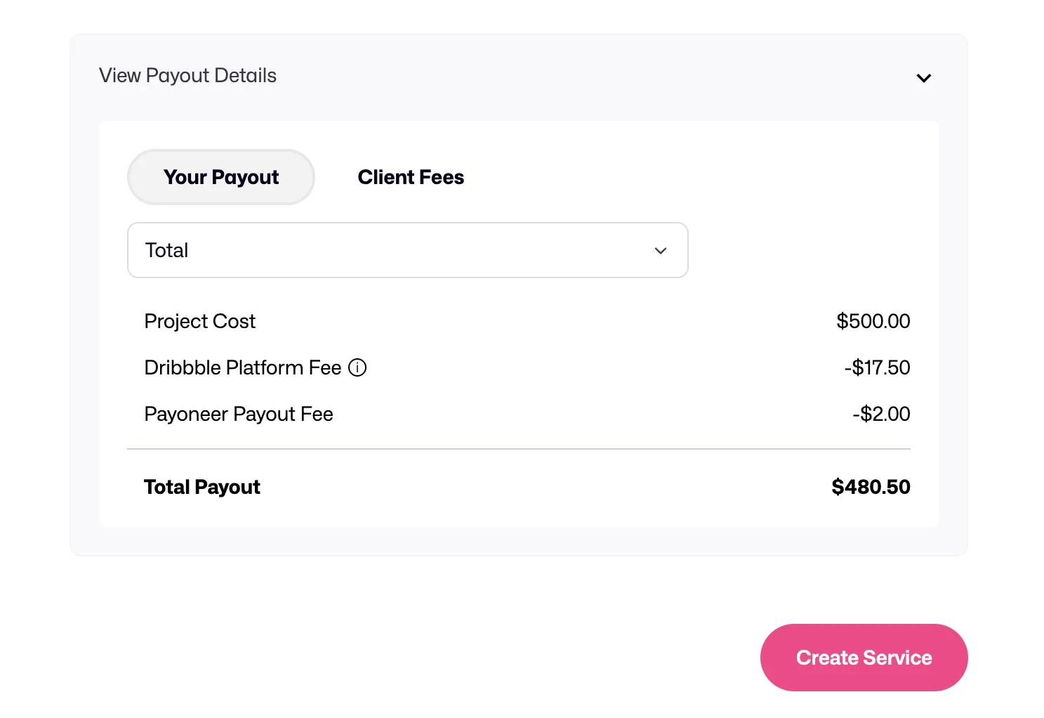 Screenshot of a Dribbble payout breakdown showing platform and payout fees