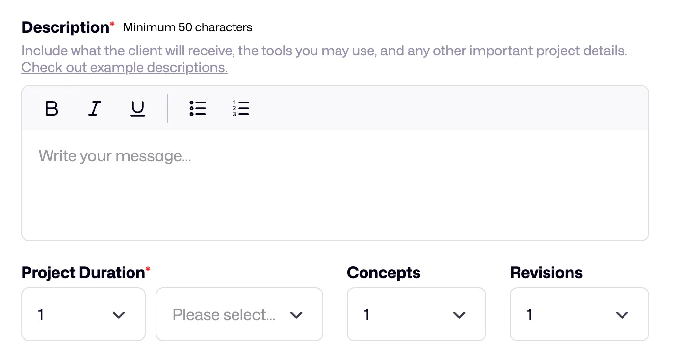 Screenshot of the service description and project details form on Dribbble