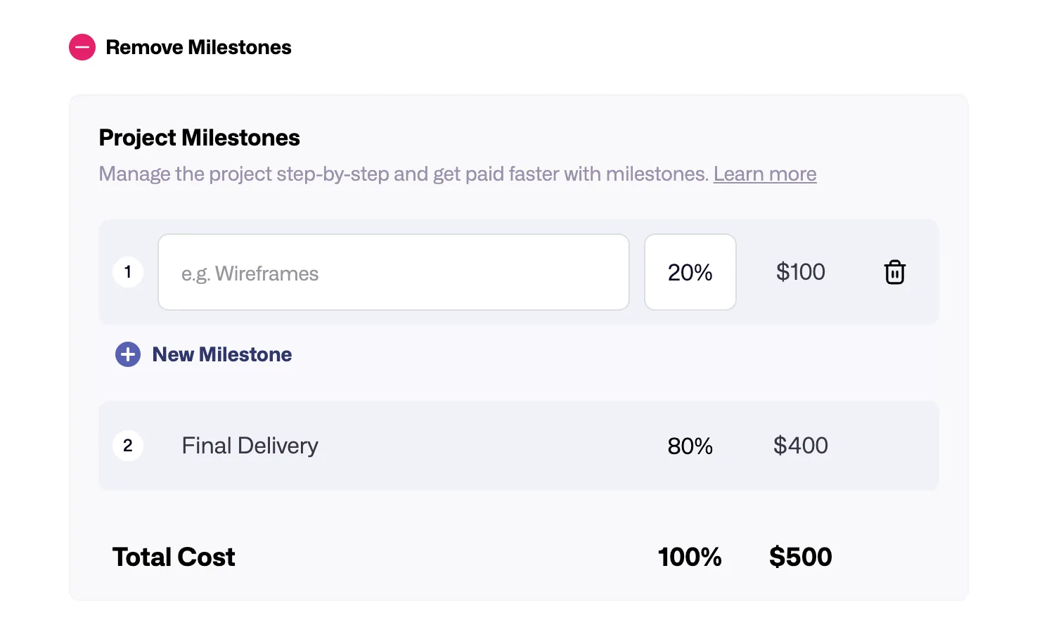 Screenshot of project milestones setup on Dribbble