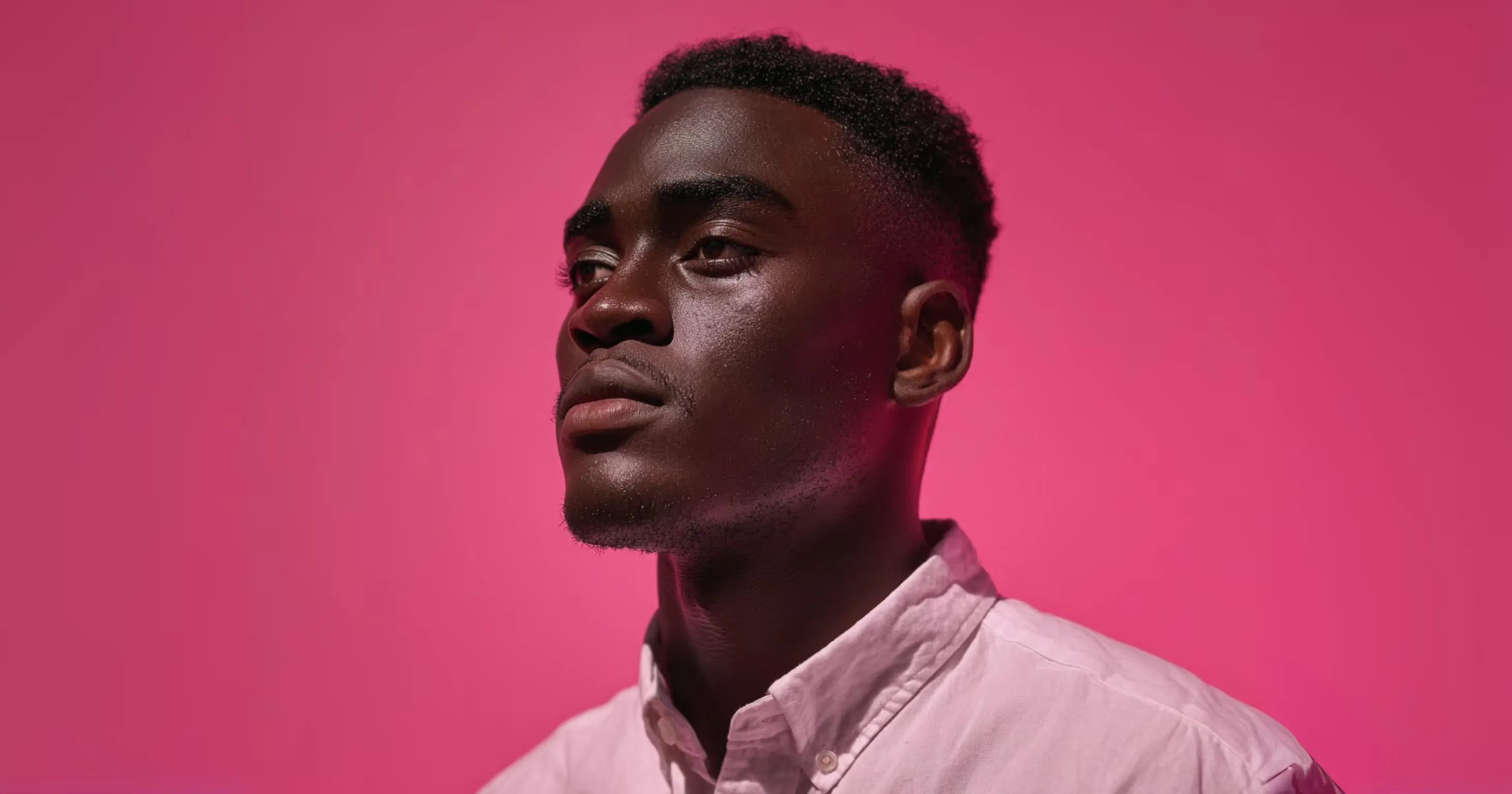 A man in a pink shirt looking upward against a pink background