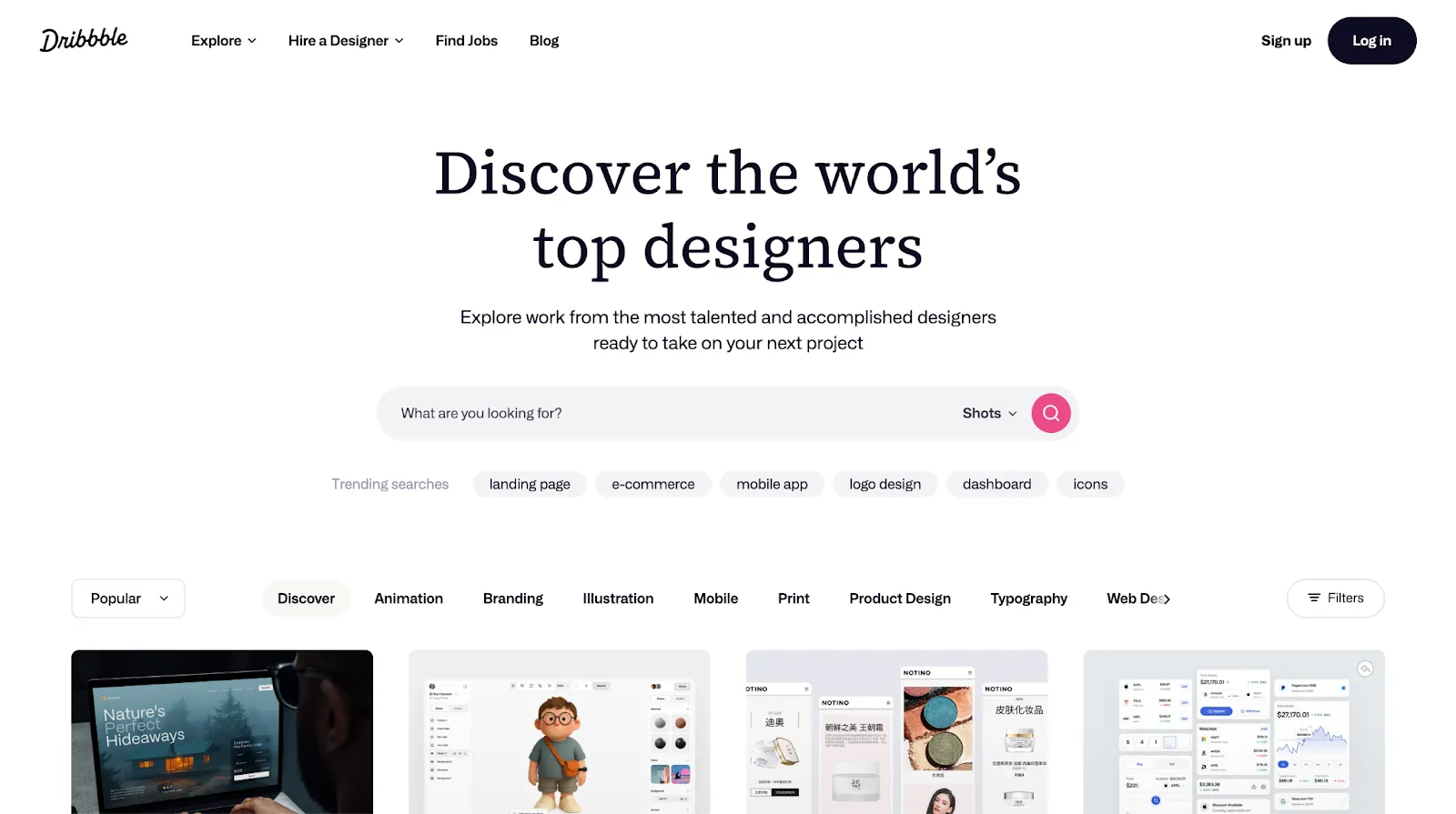 Screenshot of the Dribbble homepage for discovering top designers