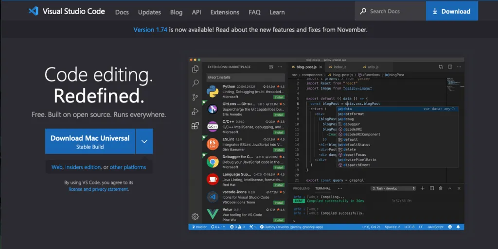 Screenshot of the Visual Studio Code homepage