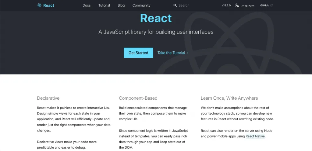Screenshot of the React documentation homepage
