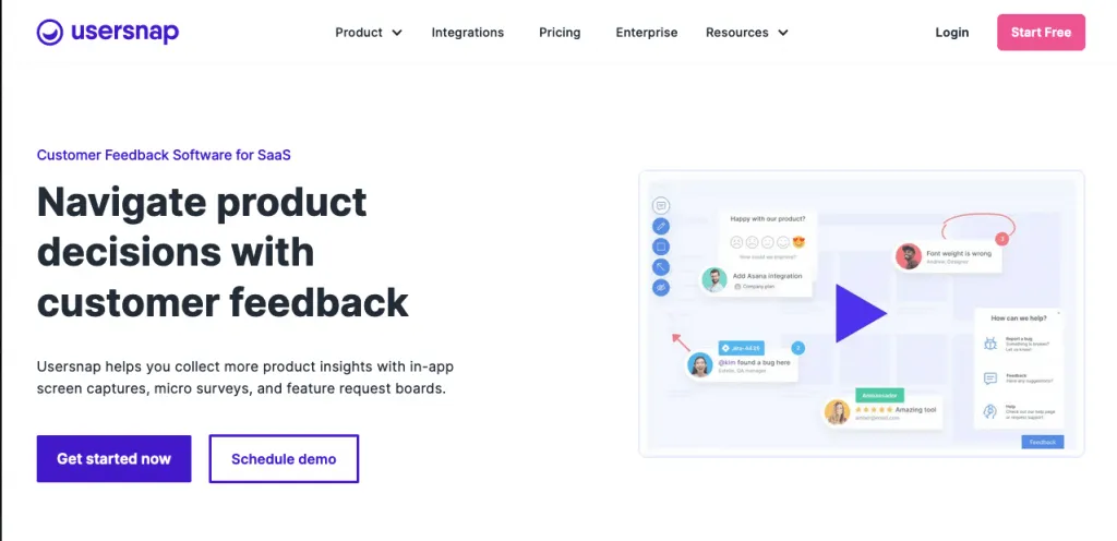 Screenshot of the Usersnap customer feedback tool homepage