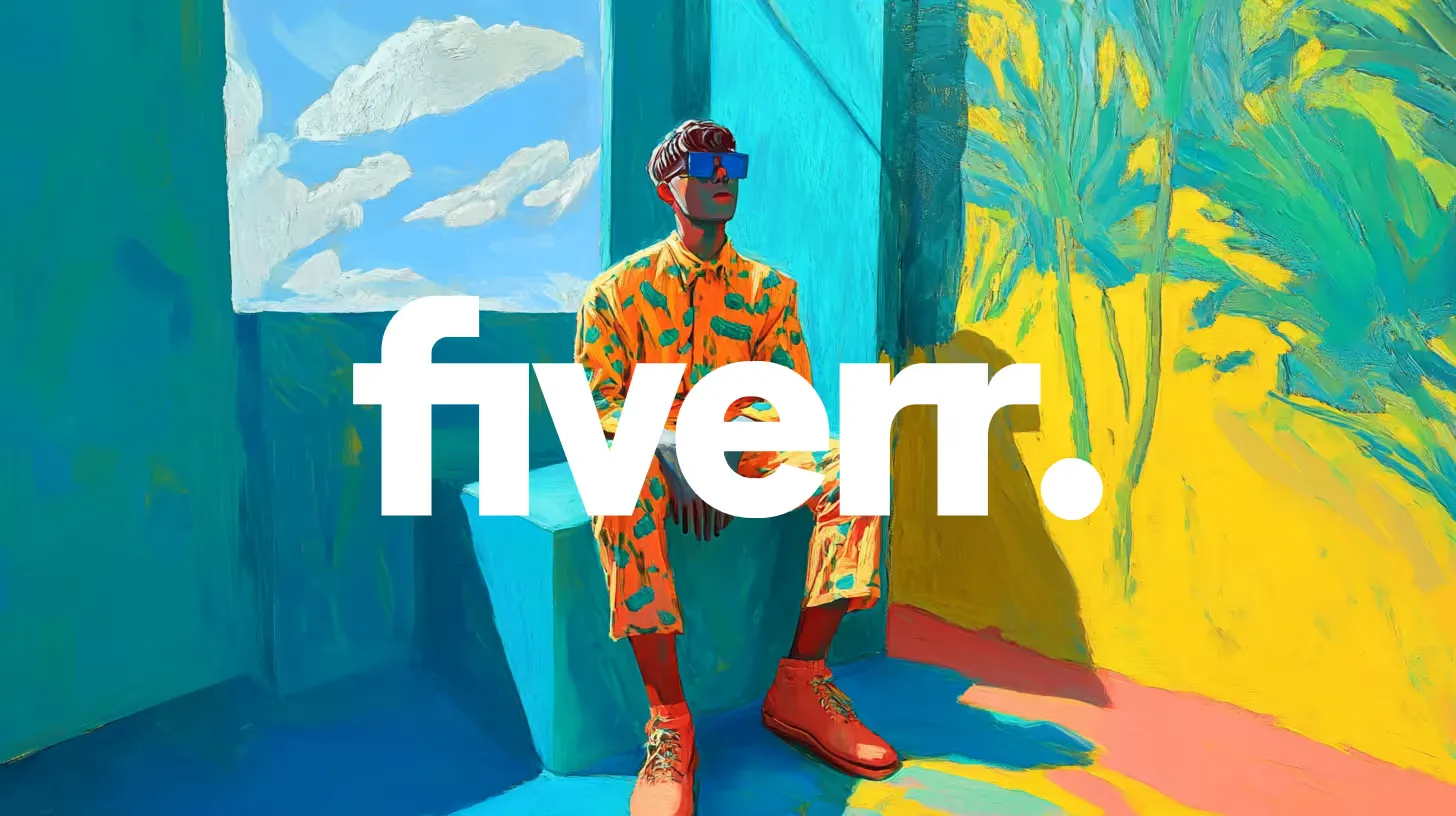 A colourful illustration of a person with the Fiverr logo