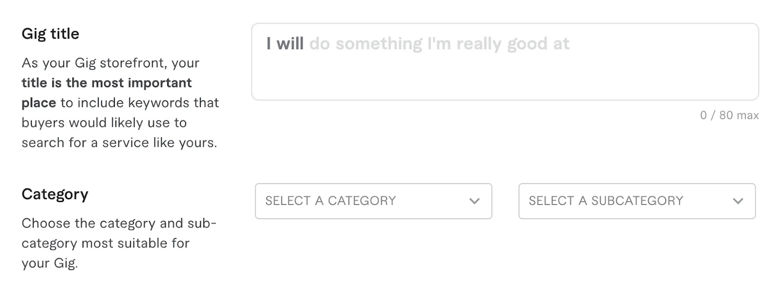 Screenshot of the Fiverr gig title and category form
