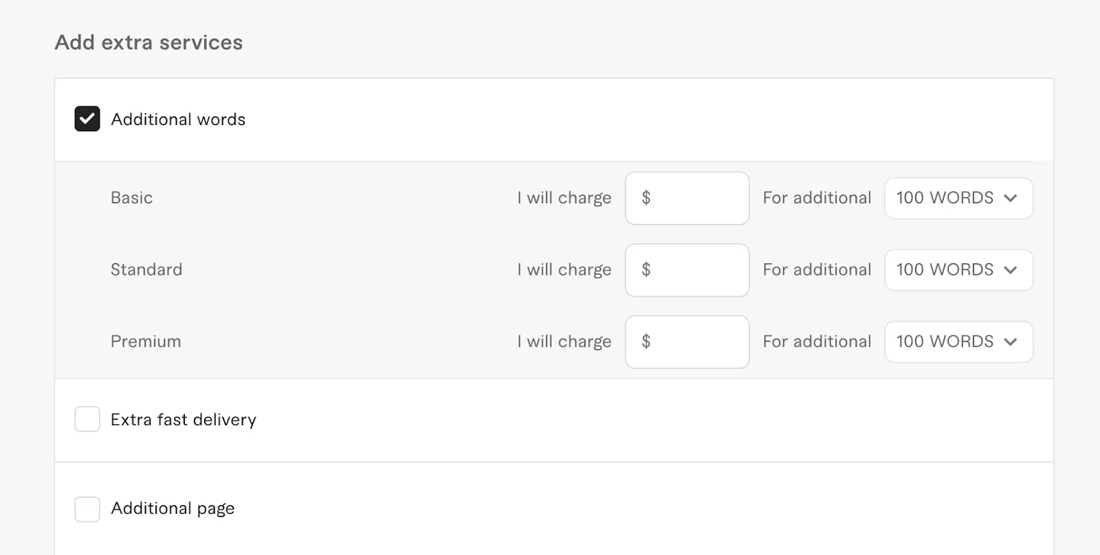 Screenshot of Fiverr gig extra services pricing options