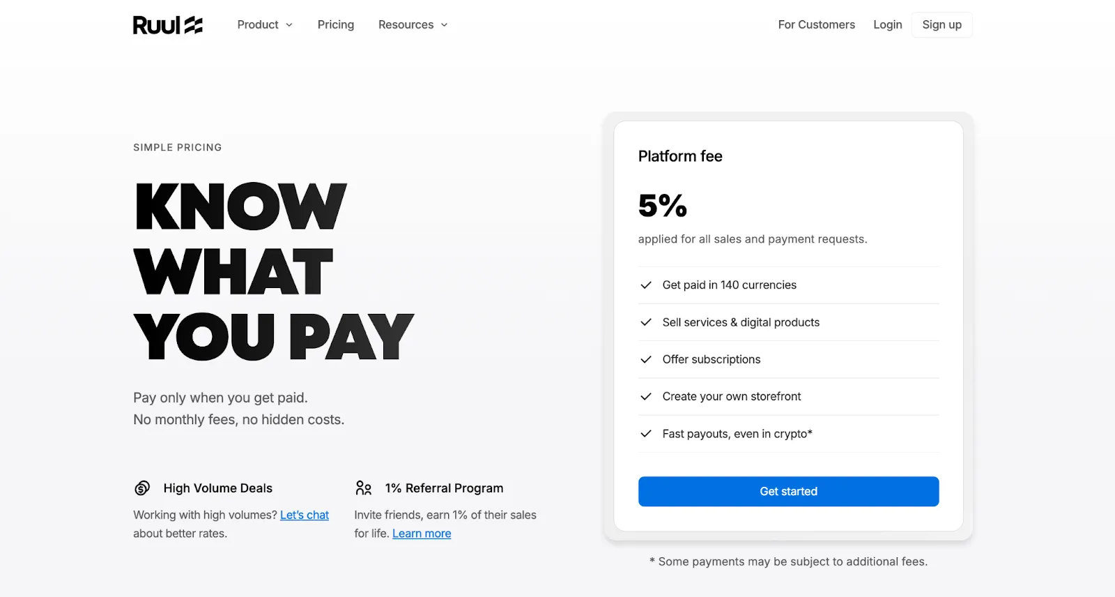 Screenshot of Ruul's pricing page showing a 5 percent platform fee