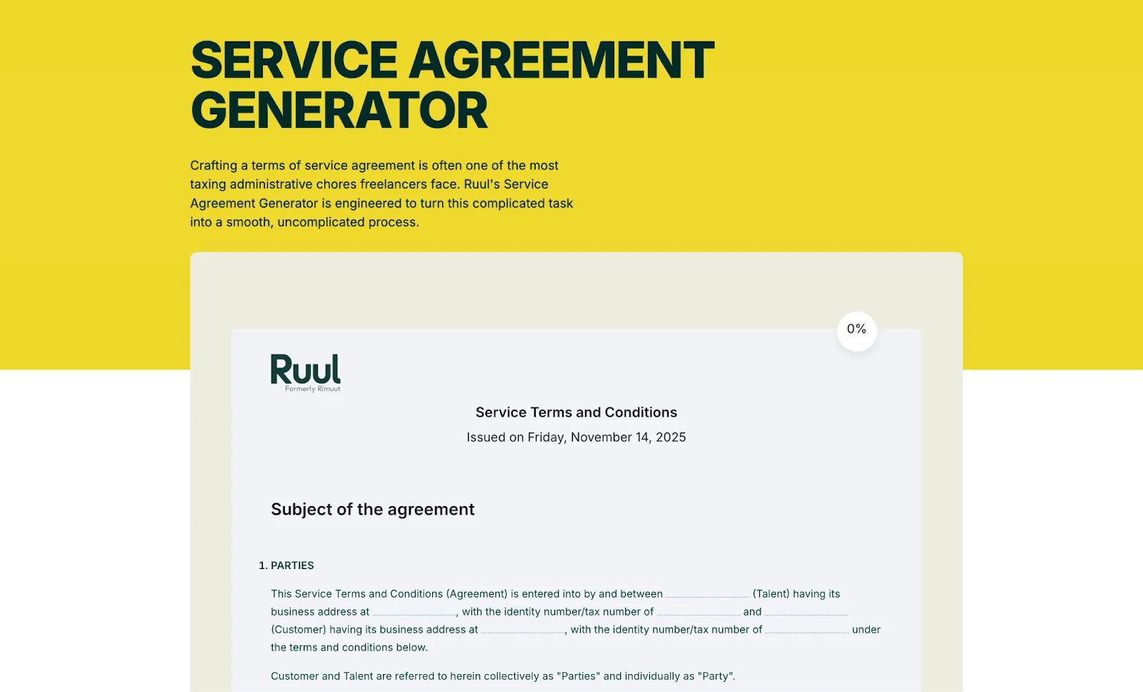Screenshot of Ruul's service agreement generator