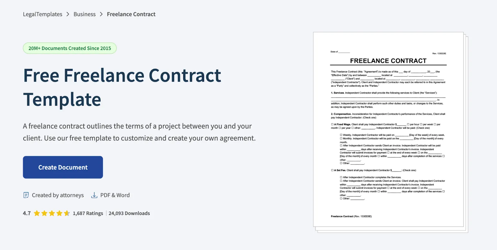 Screenshot of a free freelance contract template page