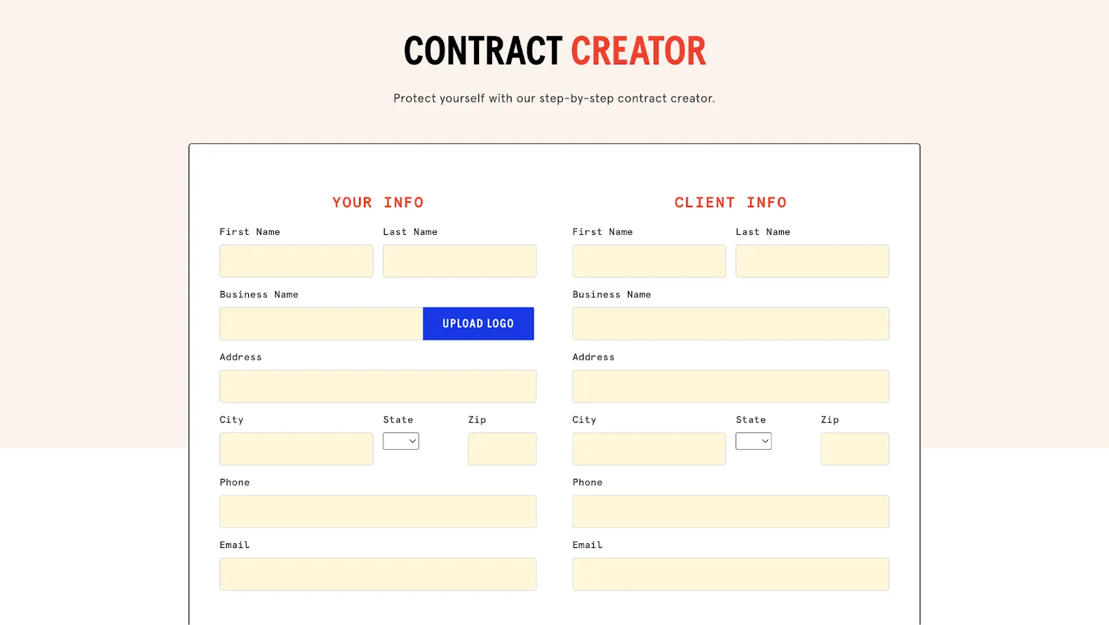 Screenshot of a contract creator form with client and freelancer fields