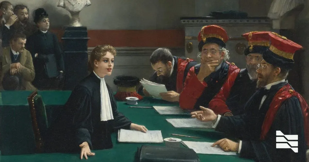 A classical painting of a courtroom scene with robed figures