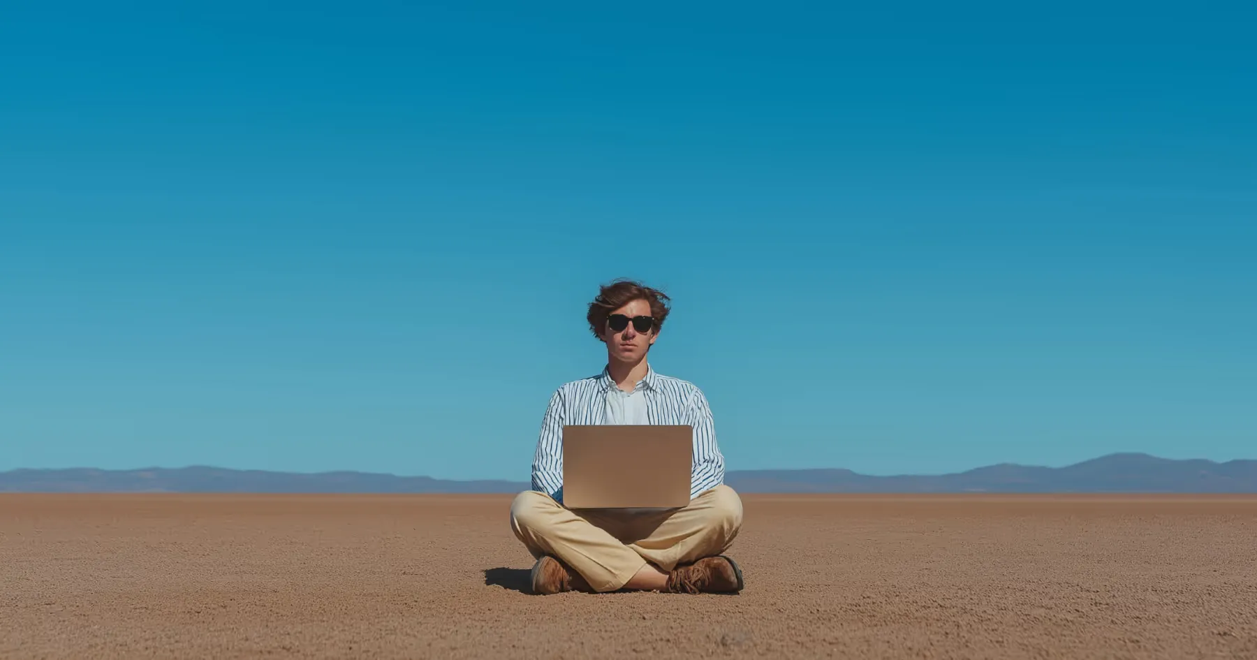A person sitting cross-legged with a laptop in a desert landscape
