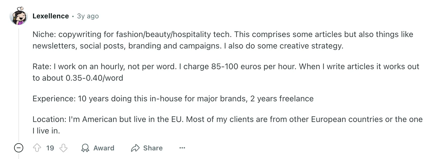 Screenshot of a Reddit comment about freelance writing rates
