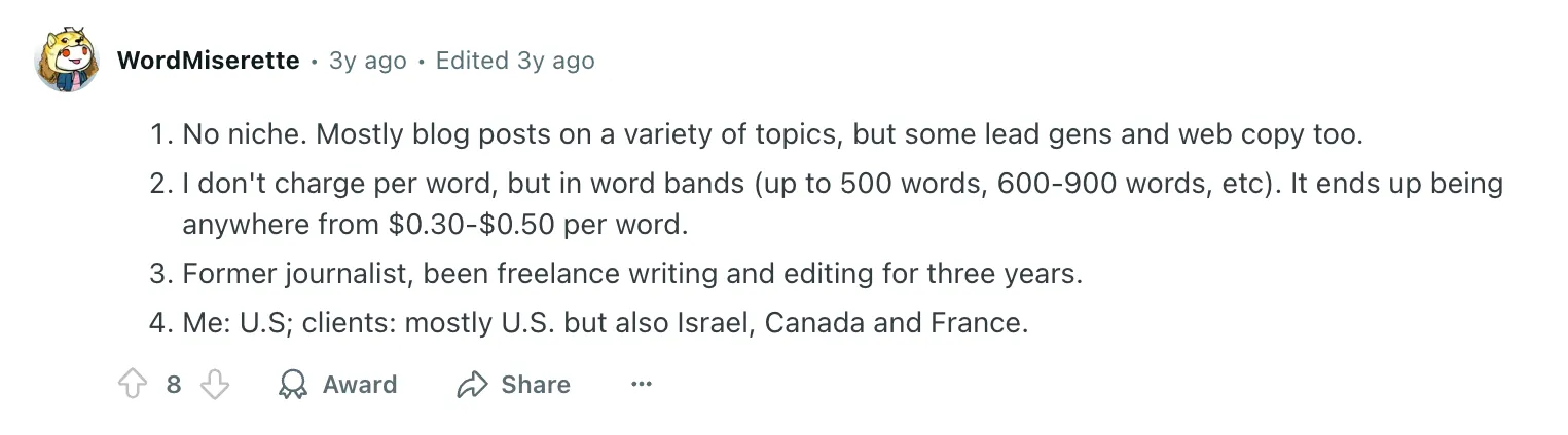 Screenshot of a Reddit comment about freelance writing rates