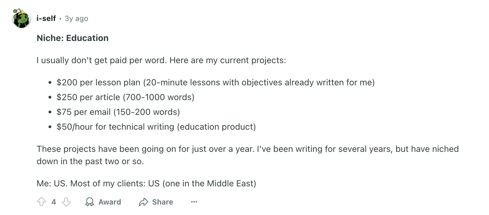 Screenshot of a Reddit comment about education writing rates