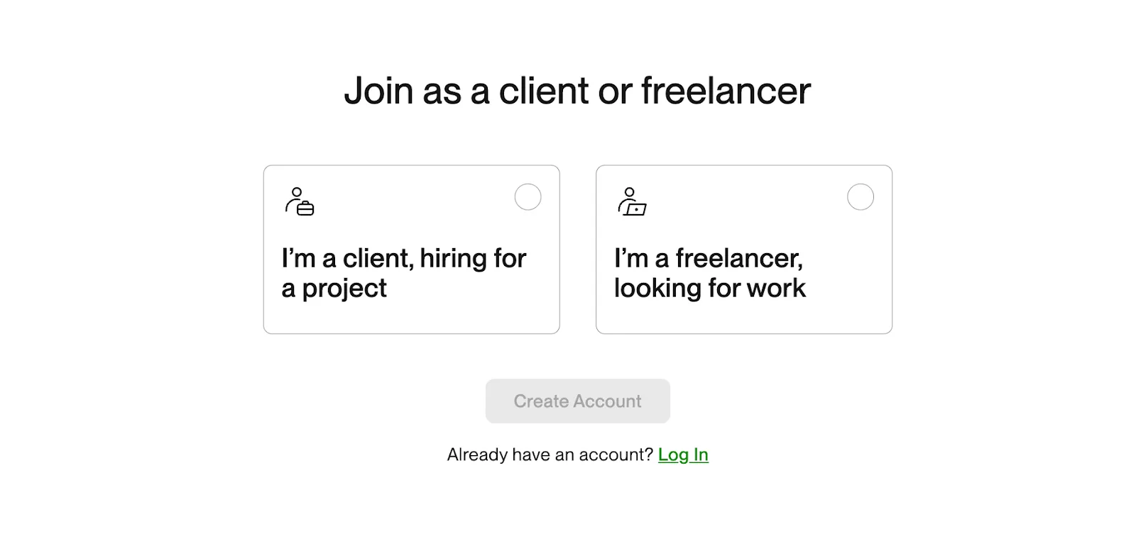 Screenshot of an Upwork sign-up page to join as a client or freelancer