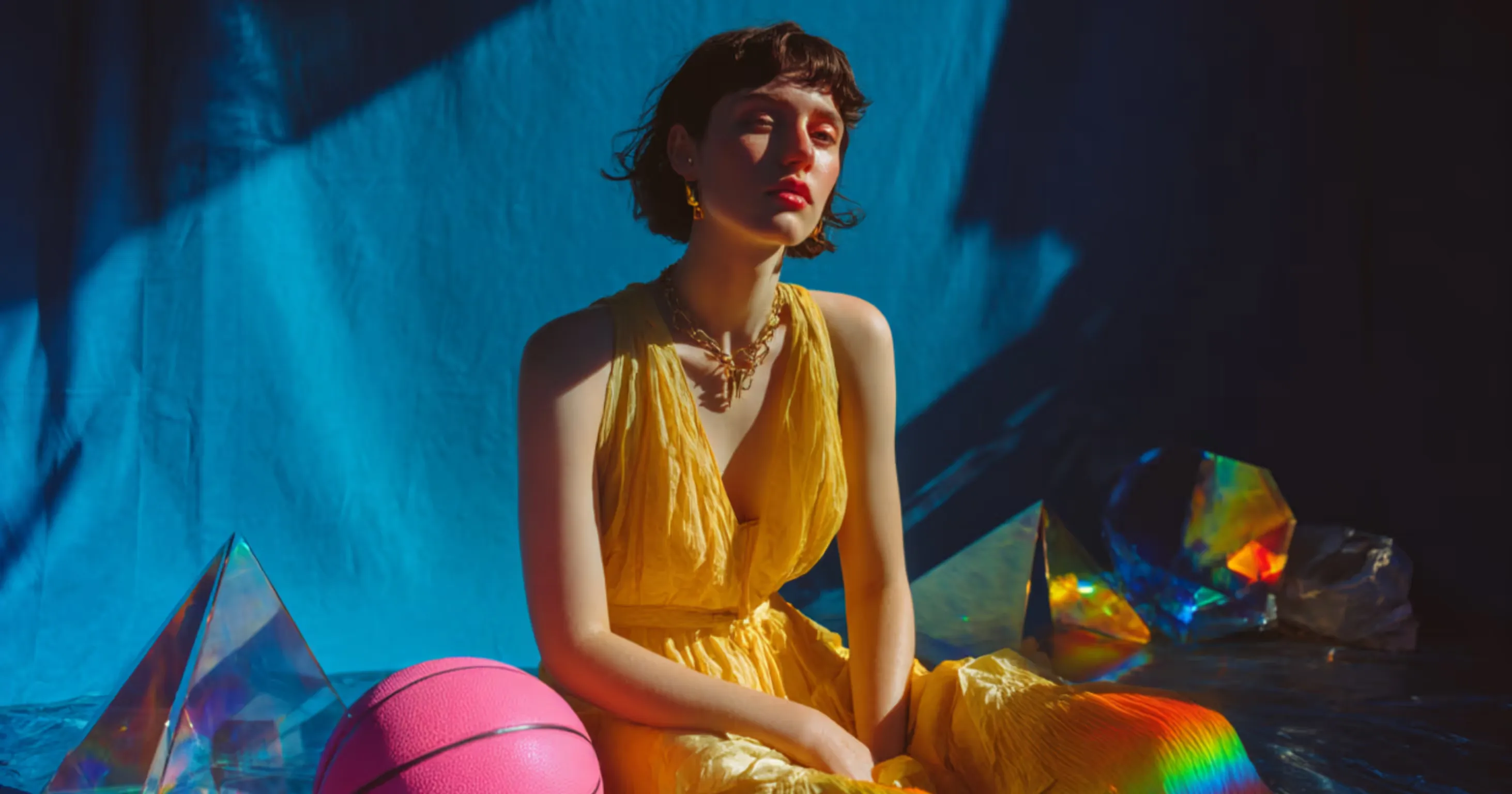 A woman in a yellow dress against a colourful lit backdrop
